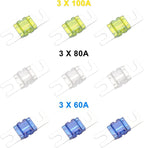 Recoil MFH13 3-Way Mini-ANL Fused Distribution Block, 3 X 0/2/4 Gauge in / 3 X 4/8 Gauge Out Fused Distribution Block with 60A, 80A, 100A Fuses, Solid Brass for Maximum Power Transfer