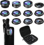 Phone Camera Lens Kit, 11 in 1 Cellphone Lens Kit for iPhone and Android, 0.63X Wide Angle+15X Macro+ 198°Fisheye+Telephoto+CPL/Flow/Radial/Star/Soft Filter+Kaleidoscope Lens
