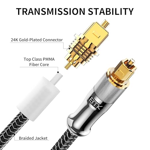 EMK 24K Gold-Plated Optical Audio Cable [6ft/2M] - Digital Toslink SPDIF Cable Compatible with Soundbar to TV, Home Theater - High-Speed Fiber Optic Cable (Silver)