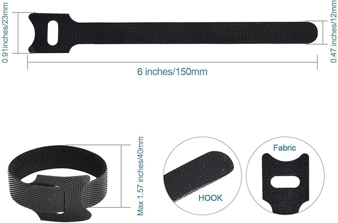 60PCS Fastening Cable Ties Reusable, Premium 6-Inch Adjustable Cord Ties, Microfiber Cloth Cable Management Straps Hook Loop Cord Organizer Wire Ties Reusable (Black Colors)
