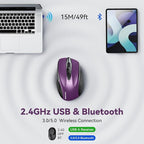 Bluetooth Mouse (BT5.0/3.0 & 2.4G) Rechargeable Wireless Mouse, 4800 DPI Optical Tracking, 6 Adjustable DPI, 2.4GHz with USB A Receiver, Quiet Clicks, Ergonomic Grips, 6 Buttons - Purple