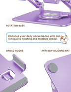 Tablet Stand 360° Rotating Aluminum Holder - Adjustable, Portable & Foldable Monitors Stand for iPads, Compatible with 4-13.3" Tablets, Purple