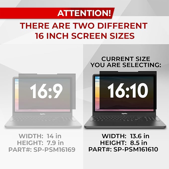 Magnetic Laptop Privacy Screen 16 Inch 16:10 - Removable Computer Privacy Filter Shield and Protector