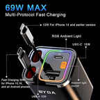 [2025 Mirco-Version] 4 in 1 Retractable Car Charger,69W Car Charger USB C,Cigarette Lighter Adapter,Fast Charging for iPhone 16e/16Pro Max,Galaxy,iPad,Pixel (Dual Cord USB-C) Black