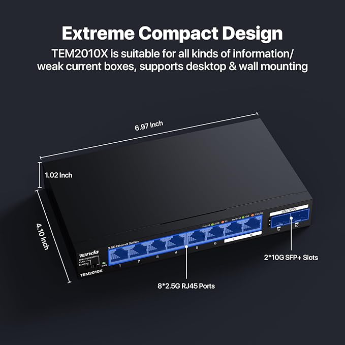 Tenda TEM2010X 8 Port 2.5G Ethernet Switch, Unmanaged 2.5Gb Switch with 8 x 2.5G Ports & 2 x 10Gb SFP+ Slots, Support VLAN & Static Link Aggregation, 80Gbps Switching Capacity, Fanless Metal Design