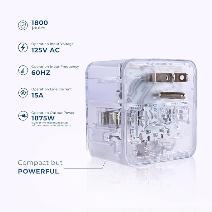 Clamper 3-Outlet Surge Protector 1800 Joules, 1875W, for TV, PC, Xbox, PS5, Refrigerators and Other Appliances (Compact Wall Surge Protector), iCLAMPER Power 3, 1-Pack Clear