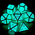 Haxtec Glow in The Dark Glowing Blue Metal Dice Set D&D W/Dragon Dice Bag 7PCS DND Dice Set Compatible with Dungeons and Dragons RPG Games-Gold Glowing Blue-V2