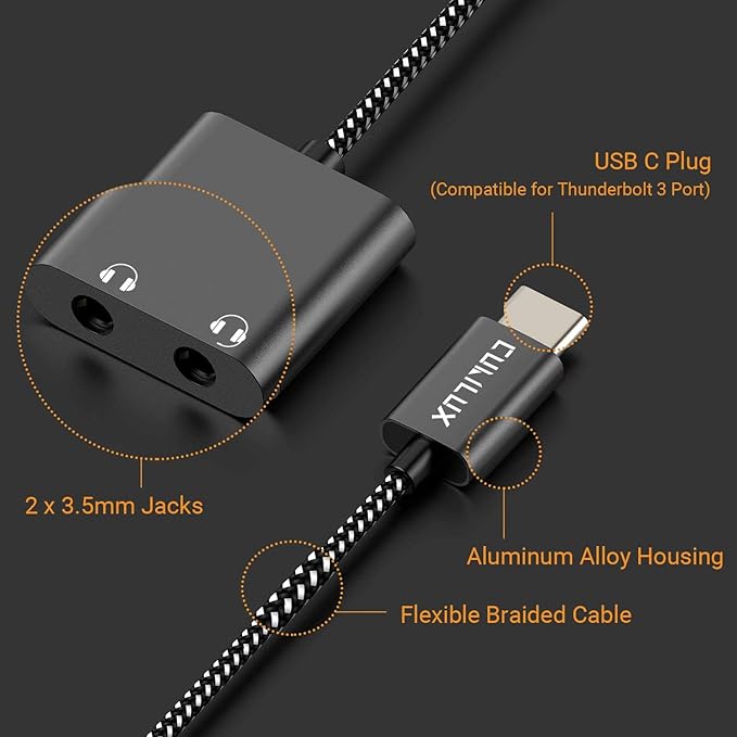 USB C Audio Splitter for 2 Headphones with 96KHz/24-bit DAC, Type C to Dual Earphones Aux Splitter for Samsung S25/S24/S23/S22/S21/S20 Ultra, Tab S10/S9/S8/S7/S6, Z Fold 6/5/4/3/2, Z Flip 6/5/4/3/2