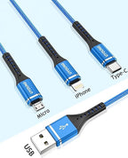 Short Multi Charging Cable 1FT 2Pack 3 in 1 Charger Cord Braided Universal Phone Cords with Lightning/Type C/Micro USB Connectors, Multiple USB Cable for iPhone/Samsung/Google Phones and More