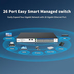 26 Port Gigabit Switch, Easy Smart Managed Ethernet Switch, Network Hub, Ethernet Splitter, Plug & Play, Industrial Grade Fan Metal Design, VLAN, Qos, Desktop or Wall Mount