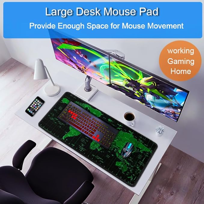 Large Gaming Mouse Pad, 31.5x15.7 inch Large Extended Computer Keyboard Mouse Mat, Water Resist Non-Slip Mousepad Rubber Base Long XXL Desk Mouse Pad for Work & Gaming, Office & Home, Green Map