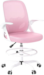 Tall Drafting Chair with Footrest Ring for Home and Work, Ergonomic Home Desk Office Chair with Flip up Arms and Lumbar Support, Extended Height Executive Desk Office Chair(Pink)