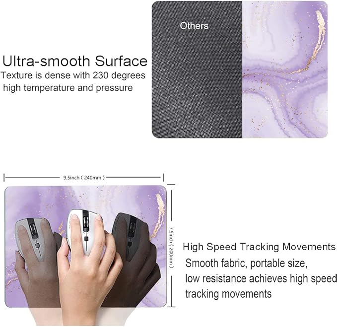 Mouse Pad, Purple Marble Design Mouse Pad, Washable Square Cloth Mousepad for Gaming Office Laptop, Non-Slip Rubber Base Computer Mouse Pads for Wireless Mouse, Cute Mouse Pads for Desk