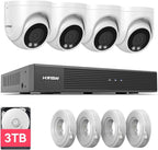 H.VIEW 4K Security Camera System, 4pcs H.265 PoE Wired Turret Cameras with Person Detection, 4K/8MP 8CH NVR with 3TB HDD for 24-7 Recording,Trigger Color Night Vision, Email Alert, AI Human
