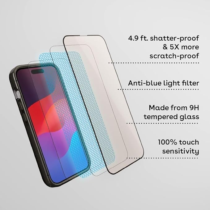 CASETiFY Impact Anti-Blue Light Screen Protector [Strengthened 9H aluminosilicate glass, applicator included] for iPhone 15 Pro