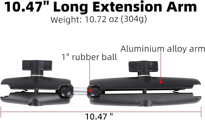 Dual Extension Double Socket Arm with 1" Double Ball Adapter Compatible with RAM B Size Mount and Other 1 inch Industry Standard Device, 360° Rotation Rod for Bike, Truck, Car (10.47" Length)