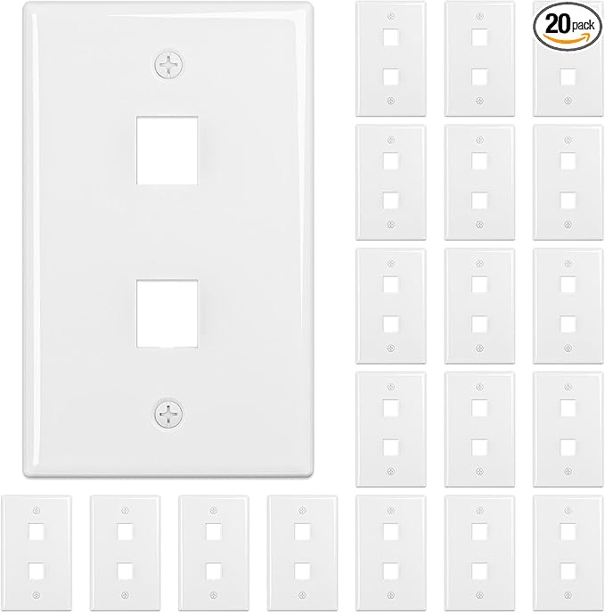 FGB 2-Port Keystone Wall Plate 20-Pack, Low-Profile Single Gang Wall Plates for RJ45, HDMI, and Coax Keystone Inserts, White