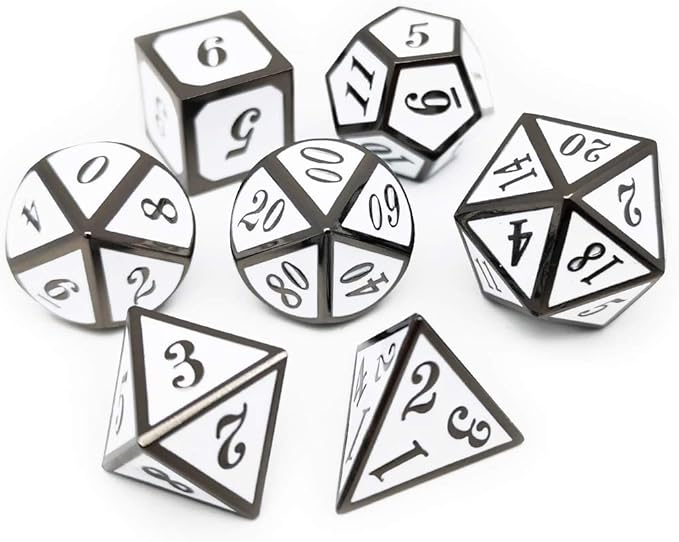Haxtec 7 Die DND Metal Dice Set D&D 7PCS DND Dice of D20 D12 D10 D8 D6 D4 Compatible with Dungeons and Dragons RPG Games-Glossy Enamel Dice (Black White)