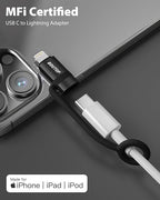 [MFi Certified] 36W USB C to Lightning Cable Adapter, Support Data Sync/PD Fast Charging Compatible with iPhone iPad AirPods, with Anti-Lost Holder - Black 3 Pack