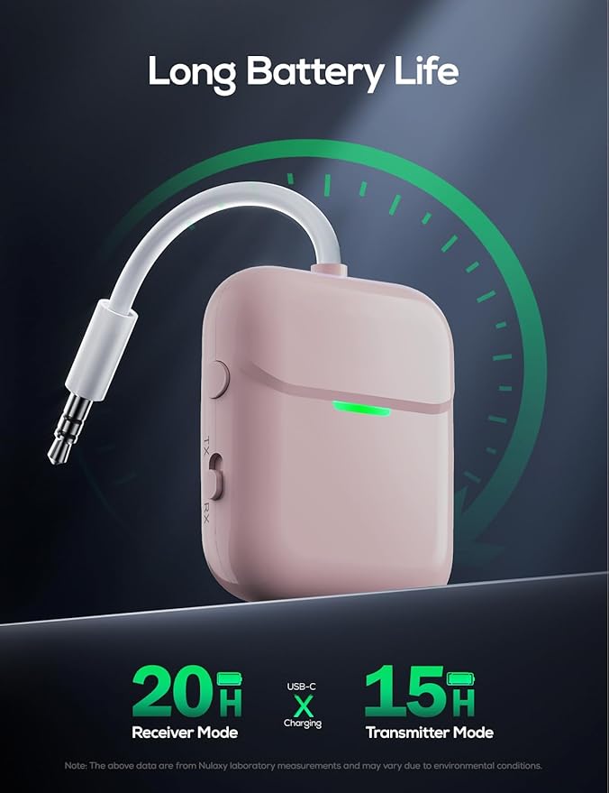 Nulaxy Air in-Flight Bluetooth Wireless Audio Transmitter Receiver for up to 2 AirPods Wireless Headphones, Bluetooth Adapter for All 3.5mm Aux Jacks on Airplanes, Gym Equipment, Pink