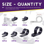 Swpeet 135 Pack 6 Sizes Black Nylon Plastic R-Type Cable Clips Clamp Assortment Kit, 1/4" 5/16" 3/8" 1/2" 3/4" 1" Nylon Screw Mounting Cord Fastener Clips with 135 Pack Screws for Wire Management