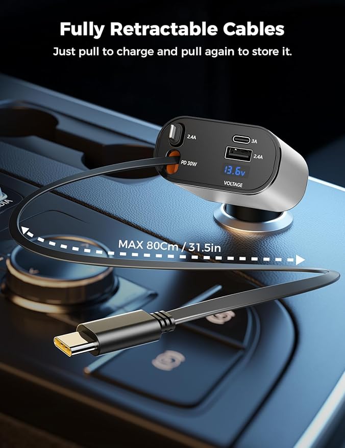 【Upgraded】 SUPERONE Retractable Car Charger 4 in 1, Fast Car Phone Charger with Cord 2.6ft, USB C and Apple Car Charger Adapter, Compatible with iPhone 15/15 Pro Max/14/13/12/11, Galaxy, Pixel
