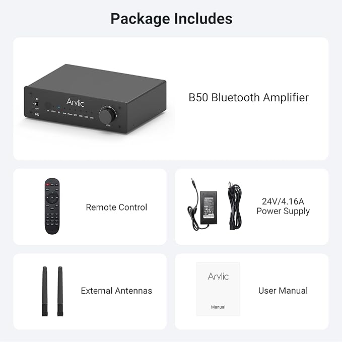 Arylic B50 2 Channel Bluetooth Amplifier with Audio Transmitter, 50W*2 Home Stereo Amplifiers with HDMI ARC,DAC,Phono in and Free APP. Support aptX HD Music Transmission & Reception.