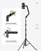 TODI 86" Tripod for iPhone, Phone Tripod Stand with Flexible Arm & Selfie Stick Remote, Extra-Length Legs Cell Phone Stand for Video Recroding, Compatible with iPhone Android, Camera