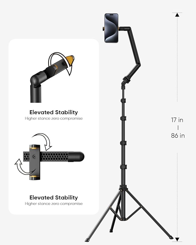 TODI 86" Tripod for iPhone, Phone Tripod Stand with Flexible Arm & Selfie Stick Remote, Extra-Length Legs Cell Phone Stand for Video Recroding, Compatible with iPhone Android, Camera