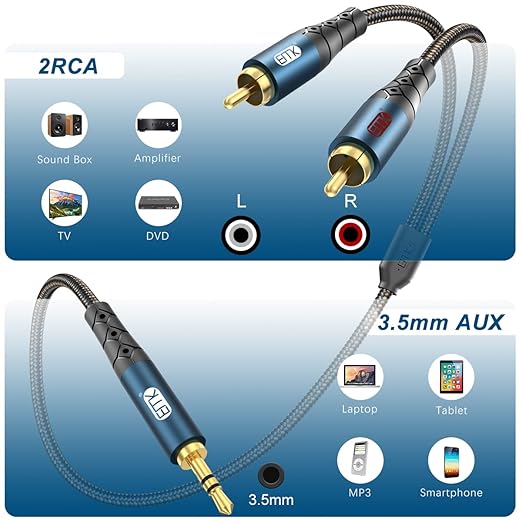 EMK 3.5mm to 2RCA Cable 24K Gold-Plated Nylon Braided RCA to Auxiliary Stereo Audio Headphone Male to Male 1/8 to RCA Cord for Tablet,Subwoofer,Home Theater,DVD Speaker,MP3/MP4,Player 3.3ft/1m