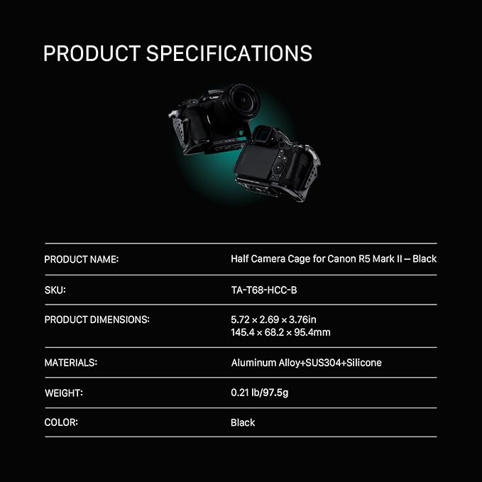 Tilta Half Camera Cage Compatible with Canon R5 Mark II - Black | Mount Accessories w/Cold Shoe, 1/4"-20 and 3/8"-16 | Securely Attaches to Camera | Silicone Padding and Lightweight