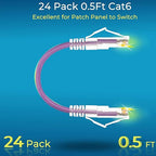 Rapink Patch Cables Cat6/ Cat6a 0.5ft (24 Pack) Slim, Cat6a Ethernet Patch Cable 10G Support, Snagless Cat 6 Patch Cable for Patch Panel to Switch, Flexiable Cat6 Ethernet Cable Purple