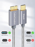 CableCreation 1FT*2 USB C to Micro B Cable,10Gbps Speed External Hard Drive Braided,USB 3.1 Type C to Micro B Work for iPhone 15 Series,Seagate WD Westgate My Passport,MacBook Pro,iPad/Tablet,Grey