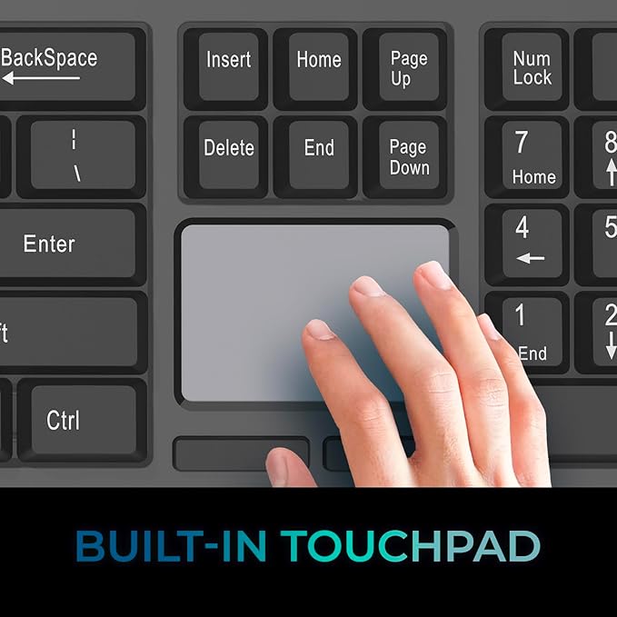 ADESSO Wireless Keyboard with Touchpad 104 Key Full Size USB Dongle Receiver Multi OS Support Works with MacOs System & Multimedia Hotkeys Volume Control with Scroll Wheel WKB-4450UB