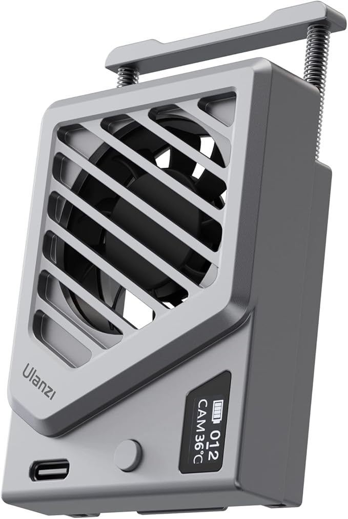 ULANZI Camera Cooling Fan Silver New, Spring Telescopic Mounting Adjustable Mini Intelligent Cooling Fan Real-time Monitoring with Type-C Charging Port, Compatible with Sony Canon FUJIFILM Nikon