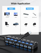 USB Hub 7 Port,USB 3.0 Hub Splitter with Individual On/Off LED Switches, USB Hub for PC 5Gbps HighSpeed Data for Laptop, MacBook, Mac Pro, Mac mini, iMac, Surface Pro and More