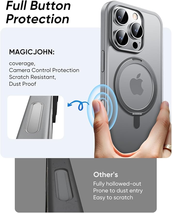 MAGIC JOHN 360° Rotatable Magnetic Invisible Stand for iPhone 16 Pro Max Case [Camera Control Button] [Compatible with MagSafe] 16FT Shockproof for iPhone 16 Pro Max Case with Kickstand, Gray