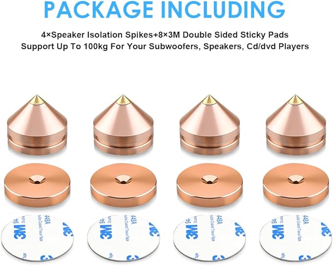 4Pcs Speaker Spikes Floor Protectors Shockproof Speaker Isolation Spikes with Base Pad for Speaker,Subwoofer,Amplifier,Turntable,Recorder CD DAC with 3m Adhesive (Gold)