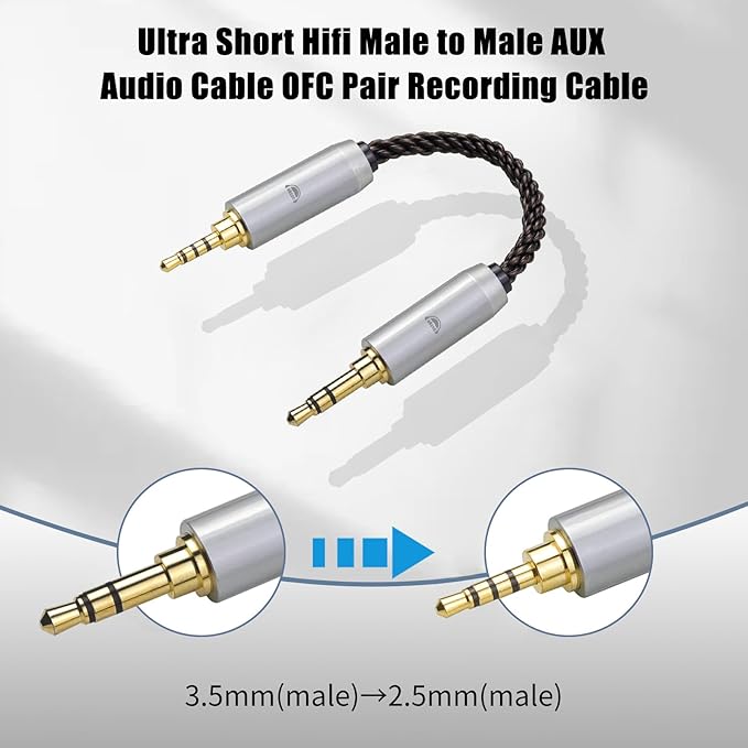 okcsc 3.5MM Male to 2.5MM Male Ultra Short Hifil Male to Male AUX Audio Cable OFC Pair Recording Cable Wire-Breakage-Prevention Design Adoption of 8-Core Braided Structure 5.82 inch
