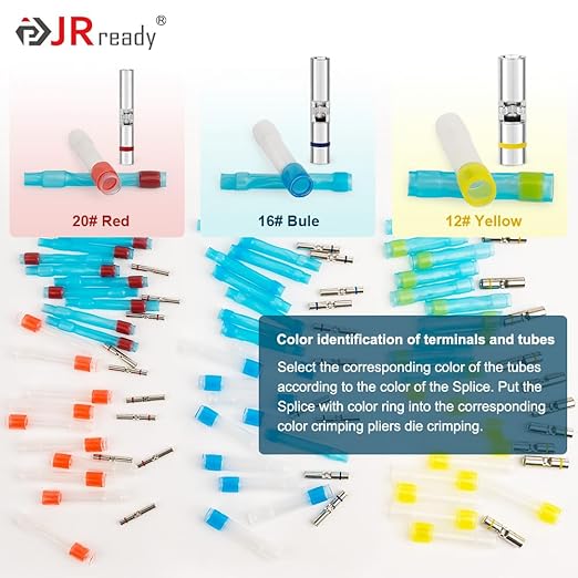JRready 50Set IP68 Waterproof Butt Splice Connectors Red MiniSeal Crimp Splice Kit 26–20 AWG (M81824/1-1) Wire-to-Wire Butt Terminals with PVDF/PE Heat Shrink Tubes ST6385-20-50