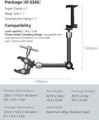 SMALLRIG Clamp w/ 1/4" and 3/8" Thread Holes, 9.8 Inches Adjustable Friction Power Articulating Magic Arm with Phone Holder for Action Cameras, Smartphones, LCD Monitor/LED Lights - 5326