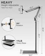 Tablet Floor Stand with 11lb Stable Base & Desk Clamp, Adjustable Height Stretchable Arm Swivel Dual Holder, Compatible with iPhone, iPad Pro Air Mini, Galaxy Tab, Kindle, Phones (4.5''-13'')