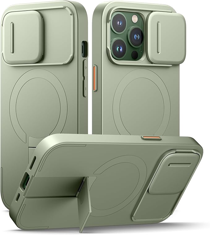 SURITCH for iPhone 13 Pro Case with Magnetic Camera Slide Cover and Adjustable Kickstand, Compatible with MagSafe, Shockproof Bumper Case Slim Protective Cover for iPhone 13 Pro 6.1 Inch, Green