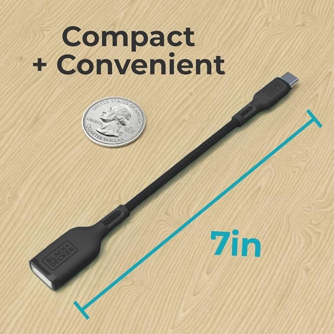 BLACK+DECKER USB C to USB A Adapter, USB C Male to USB Female Adapter Nylon Braid, Type C OTG Cable Compatible w/iPhone 16 15 Pro, MacBook Pro 2022/Air/Mini, iPad—2 Pack, 3" (Black)