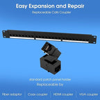 24 Port Keystone Patch Panel, 1U 19-inch RJ45 Network Patch Panel with Back Bar, Loaded with 24 Cat6 Couplers (Black)