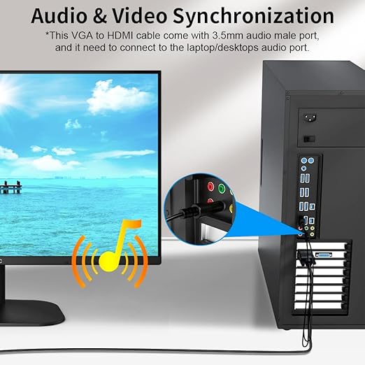 VGA (Sources) to HDMI (Display) Cable 6ft with Audio, VGA Maleto HDMI Male Converter Cord Adapter Cable Compatible Witch Computer/Laptop to Monitor/TV, Desktop Laptop Projector to Monitor HDTV