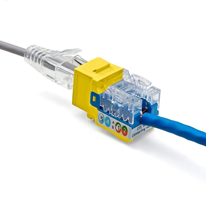 TRUE CABLE Cat5e Keystone Jack, Unshielded (UTP), 90 Degree Punch-Down, PoE++ (4PPoE) 100W, UL Listed, ETL Verified, ANSI/TIA Certified, Modular RJ45 Female, Yellow, 48 Pack
