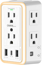 USB Wall Charger Surge Protector, Super Electro 6 Outlet Extender with 3 USB Charging Ports (5V 3.4A Total) and Night Light, 3-Sided 1500J Multi Plug Wall Outlet for Home, Office, ETL Listed