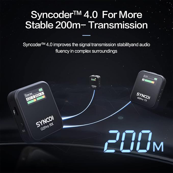SYNCO G2A2 Pro Microphone, Wireless Lavalier Microphone, 200m (656 ft) Range, 8 Hours Life, Compatible PC, Smartphone, DSLR, for Outdoor Video, News interview, Vlogs