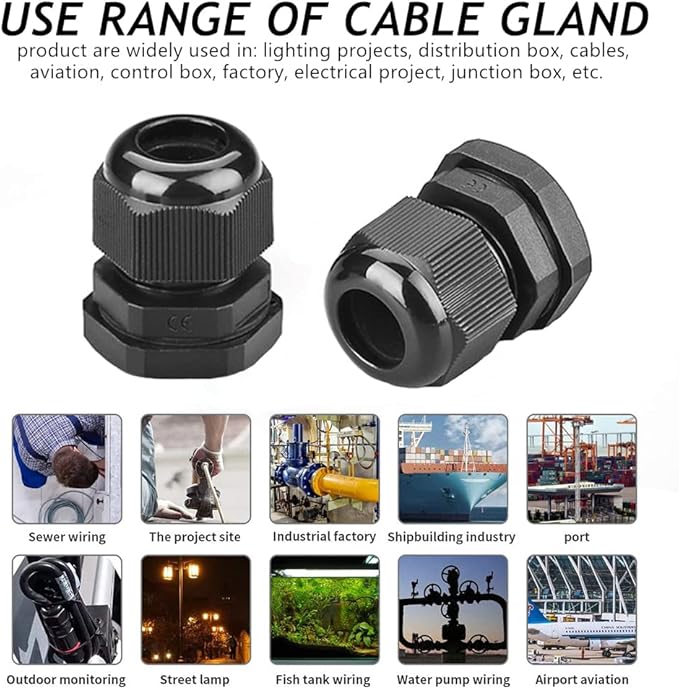 PENGLIN Cable Glands 3/8" NPT Nylon Cable Connector, Strain Relief Cord Connector, IP68 Waterproof Adjustable Locknut(3/8 Inch (20 Pack))